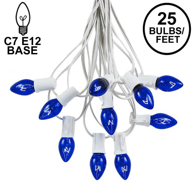 C7 25 Light String Set with Blue Twinkle Bulbs on White Wire