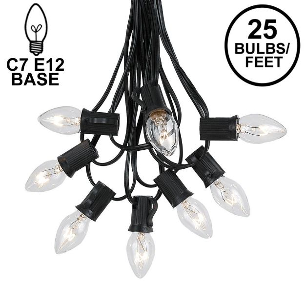 25 Light String Set with Clear Transparent C7 Bulbs on Black Wire
