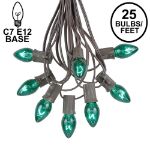 25 Light String Set with Green Transparent C7 Bulbs on Brown Wire
