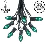25 Light String Set with Green Transparent C7 Bulbs on Black Wire