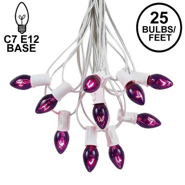 25 Light String Set with Purple Transparent C7 Bulbs on White Wire