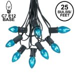 25 Light String Set with Teal Transparent C7 Bulbs on Black Wire