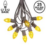 25 Light String Set with Yellow Transparent C7 Bulbs on Brown Wire