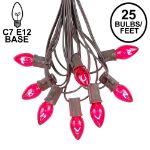 25 Light String Set with Pink Transparent C7 Bulbs on Brown Wire