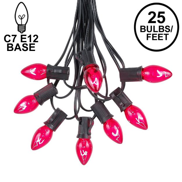 25 Light String Set with Pink Transparent C7 Bulbs on Black Wire