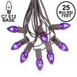 25 Light String Set with Purple Transparent C7 Bulbs on Brown Wire