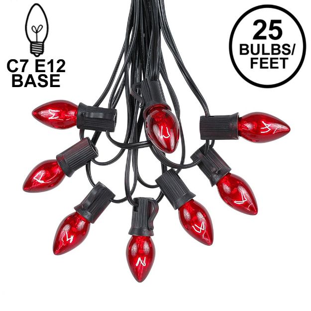25 Light String Set with Red Transparent C7 Bulbs on Black Wire