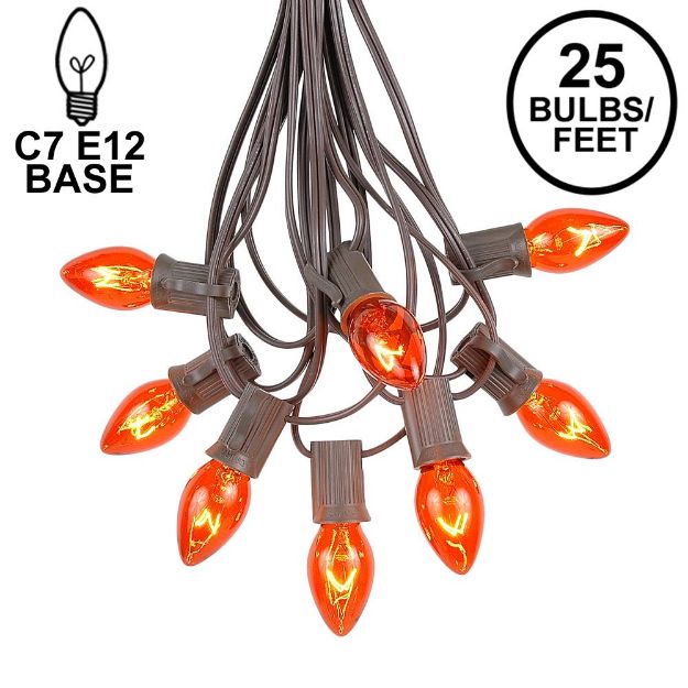 25 Light String Set with Amber/Orange Transparent C7 Bulbs on Brown Wire