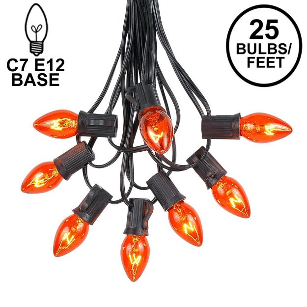 25 Light String Set with Amber/Orange Transparent C7 Bulbs on Black Wire