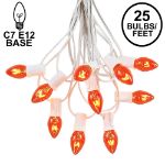 25 Light String Set with Amber/Orange Transparent C7 Bulbs on White Wire