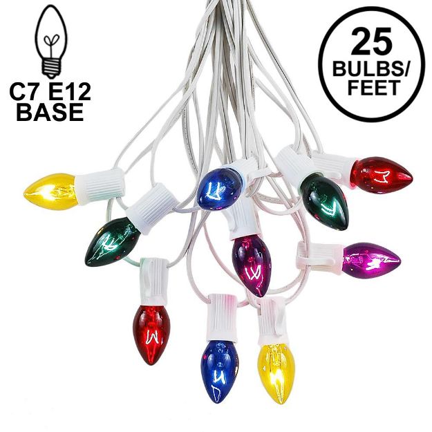 25 Light String Set with Assorted Transparent C7 Bulbs on White Wire 