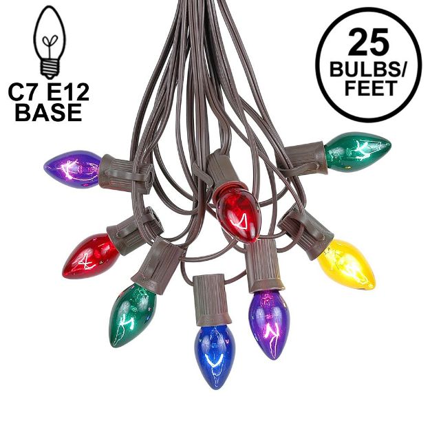 25 Light String Set with Assorted Transparent C7 Bulbs on Brown Wire 