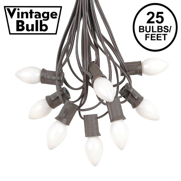 25 Light String Set with White Ceramic C7 Bulbs on Brown Wire