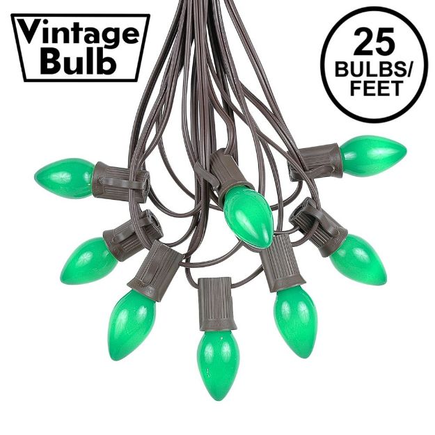25 Light String Set with Green Ceramic C7 Bulbs on Brown Wire