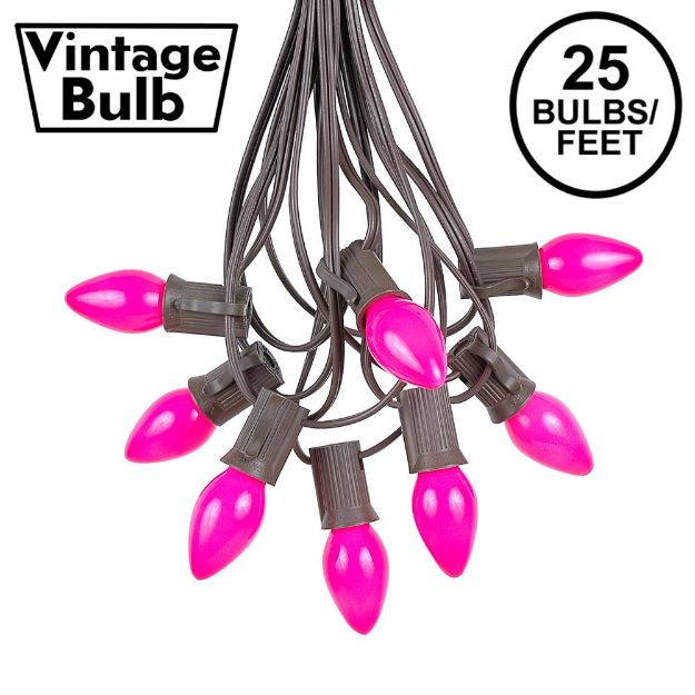 25 Light String Set with Pink Ceramic C7 Bulbs on Brown Wire