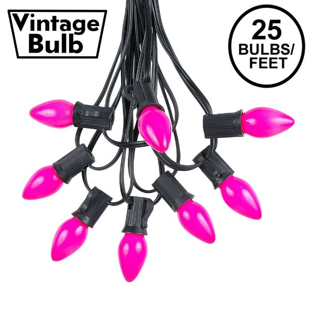 25 Light String Set with Pink Ceramic C7 Bulbs on Black Wire