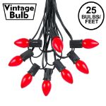25 Light String Set with Red Ceramic C7 Bulbs on Black Wire