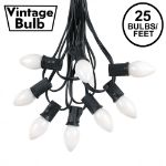 25 Light String Set with White Ceramic C7 Bulbs on Black Wire