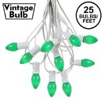 25 Light String Set with Green Ceramic C7 Bulbs on White Wire