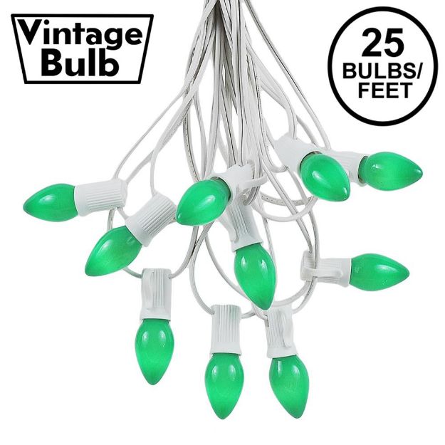 25 Light String Set with Green Ceramic C7 Bulbs on White Wire