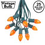 25 Light String Set with Orange Ceramic C7 Bulbs on Green Wire
