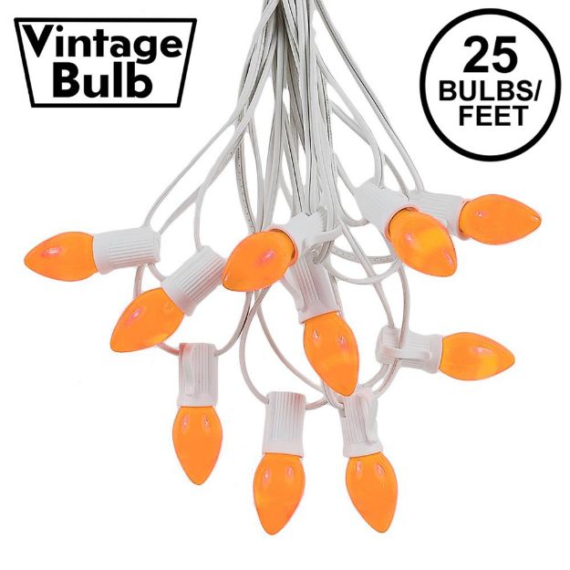 25 Light String Set with Orange Ceramic C7 Bulbs on White Wire