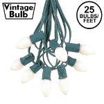 25 Light String Set with White Ceramic C7 Bulbs on Green Wire
