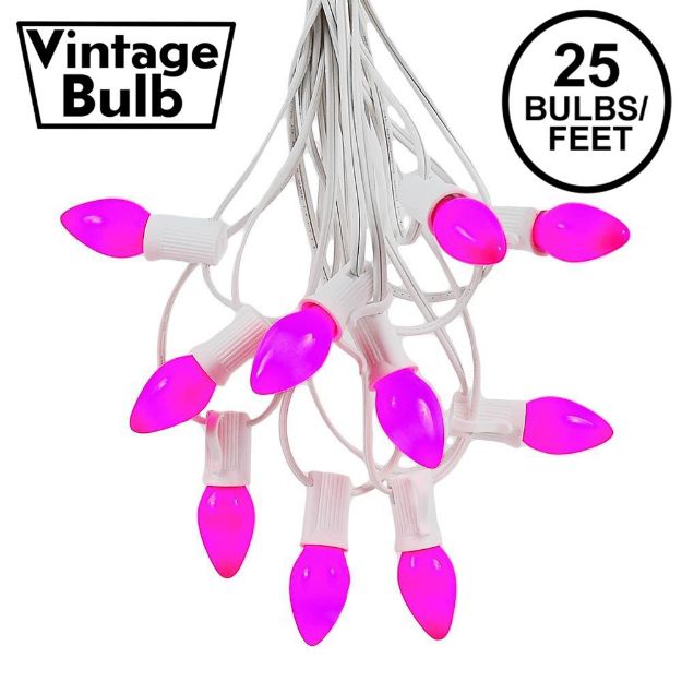25 Light String Set with Purple Ceramic C7 Bulbs on White Wire