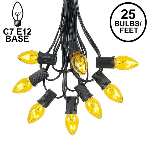 25 Light String Set with Yellow Transparent C7 Bulbs on Black Wire