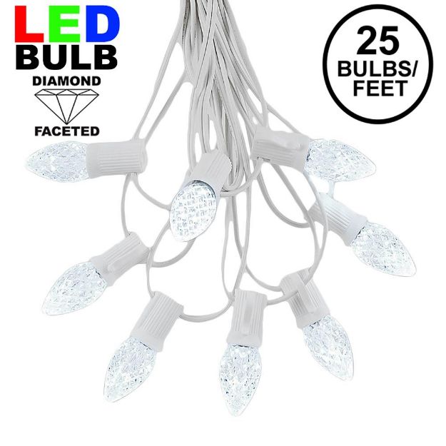 25 Light String Set with Pure White LED C7 Bulbs on White Wire