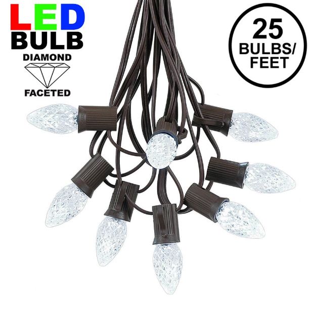25 Light String Set with Pure White LED C7 Bulbs on Brown Wire