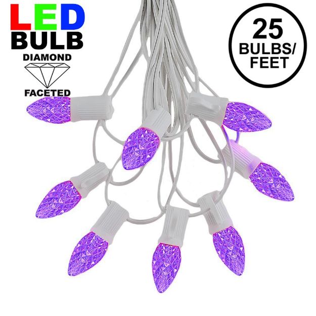 25 Light String Set with Purple LED C7 Bulbs on White Wire