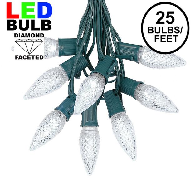 25 Light String Set with Pure White LED C9 Bulbs on Green Wire