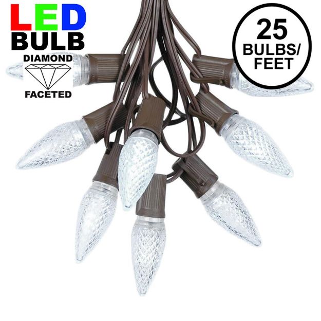 25 Light String Set with Pure White LED C9 Bulbs on Brown Wire