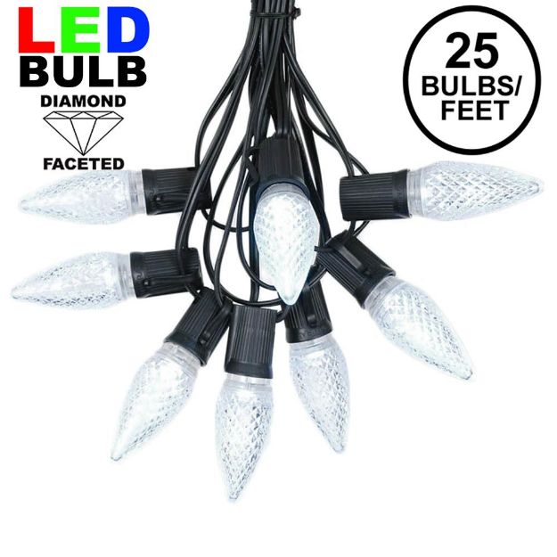 25 Light String Set with Pure White LED C9 Bulbs on Black Wire