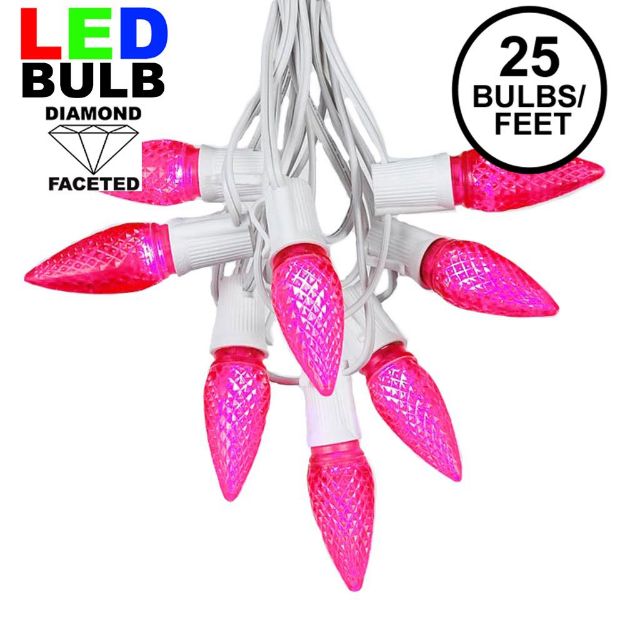 25 Light String Set with Pink LED C9 Bulbs on White Wire