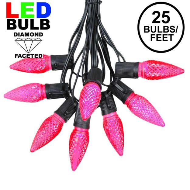 25 Light String Set with Pink LED C9 Bulbs on Black Wire