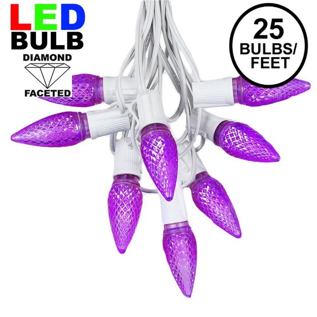 25 Light String Set with Purple LED C9 Bulbs on White Wire