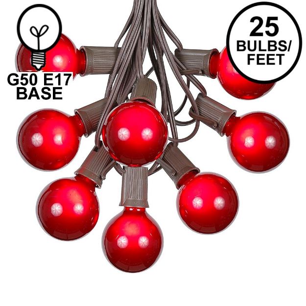 25 G50 Globe Light String Set with Red Bulbs on Brown Wire