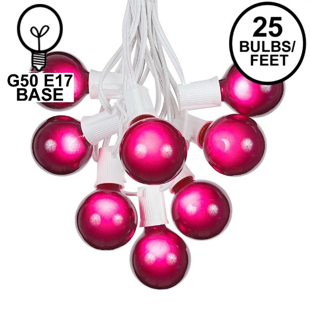 25 G50 Globe Light String Set with Purple Bulbs on White Wire