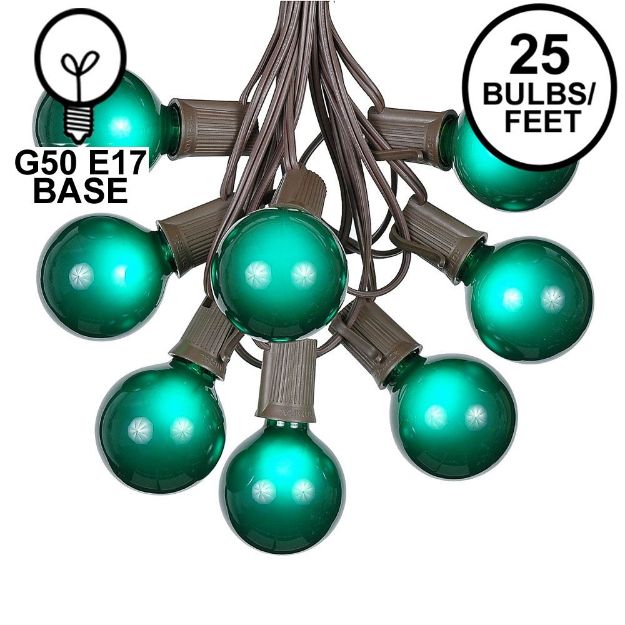 25 G50 Globe Light String Set with Green Bulbs on Brown Wire