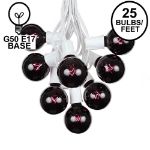 25 G50 Globe Light String Set with Black Light Bulbs (Very Dark Purple) on White Wire