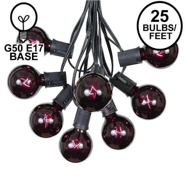 25 G50 Globe Light String Set with Black Light Bulbs (Very Dark Purple) on Black Wire