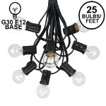 25 G30 Globe Light String Set with Clear Bulbs on Black Wire