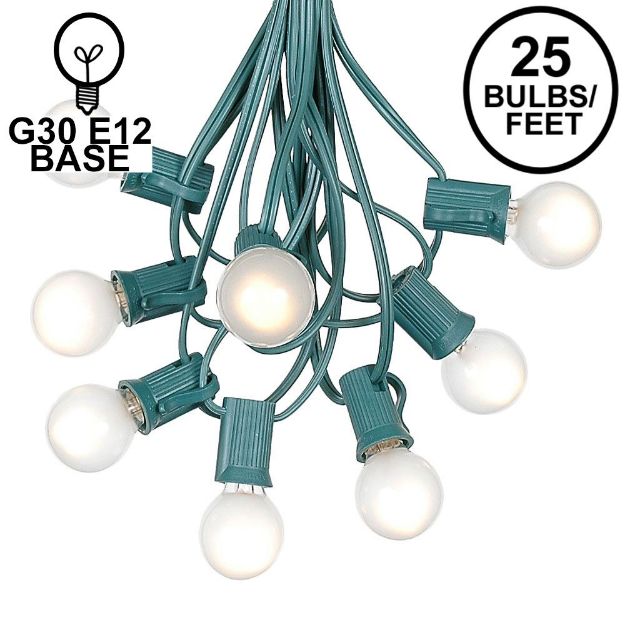 25 G30 Globe Light String Set with Frosted White Bulbs on Green Wire