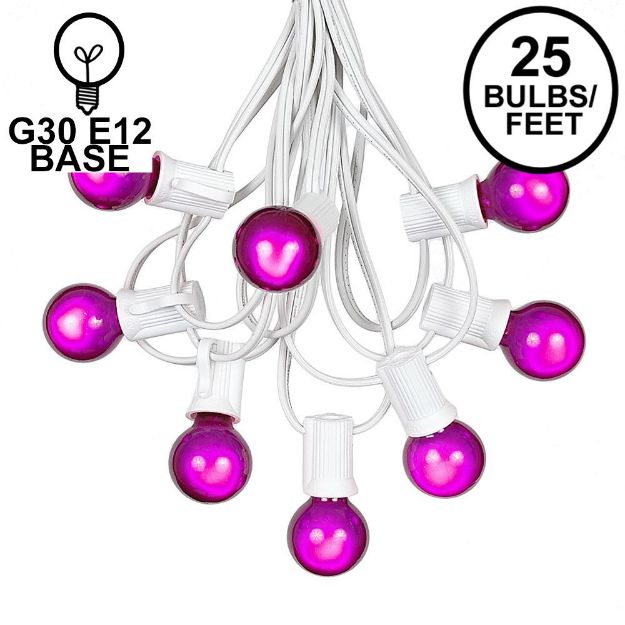 25 G30 Globe Light String Set with Purple Satin Bulbs on White Wire
