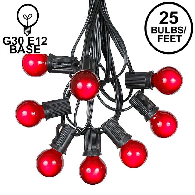 25 G30 Globe Light String Set with Red Satin Bulbs on Black Wire