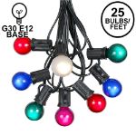 25 G30 Globe Light String Set with Multi Colored Satin Bulbs on Black Wire