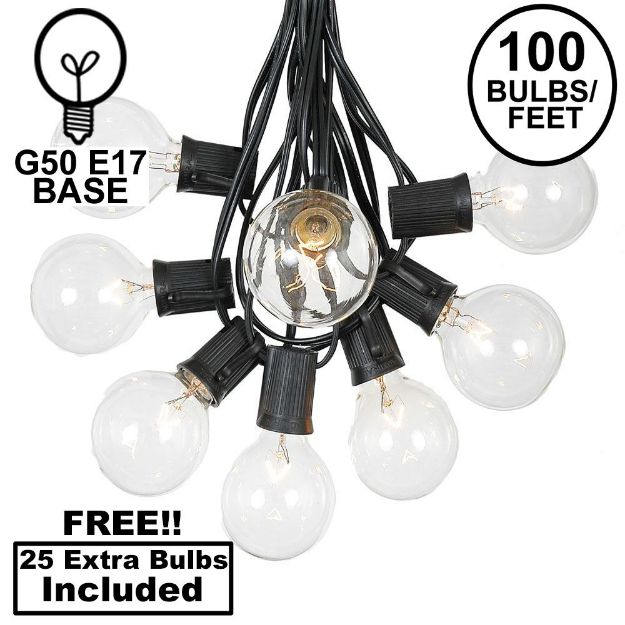 100 G50 Globe Light String Set with Clear Bulbs on Black Wire