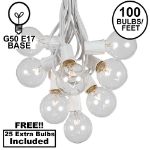 100 G50 Globe Light String Set with Clear Bulbs on White Wire
